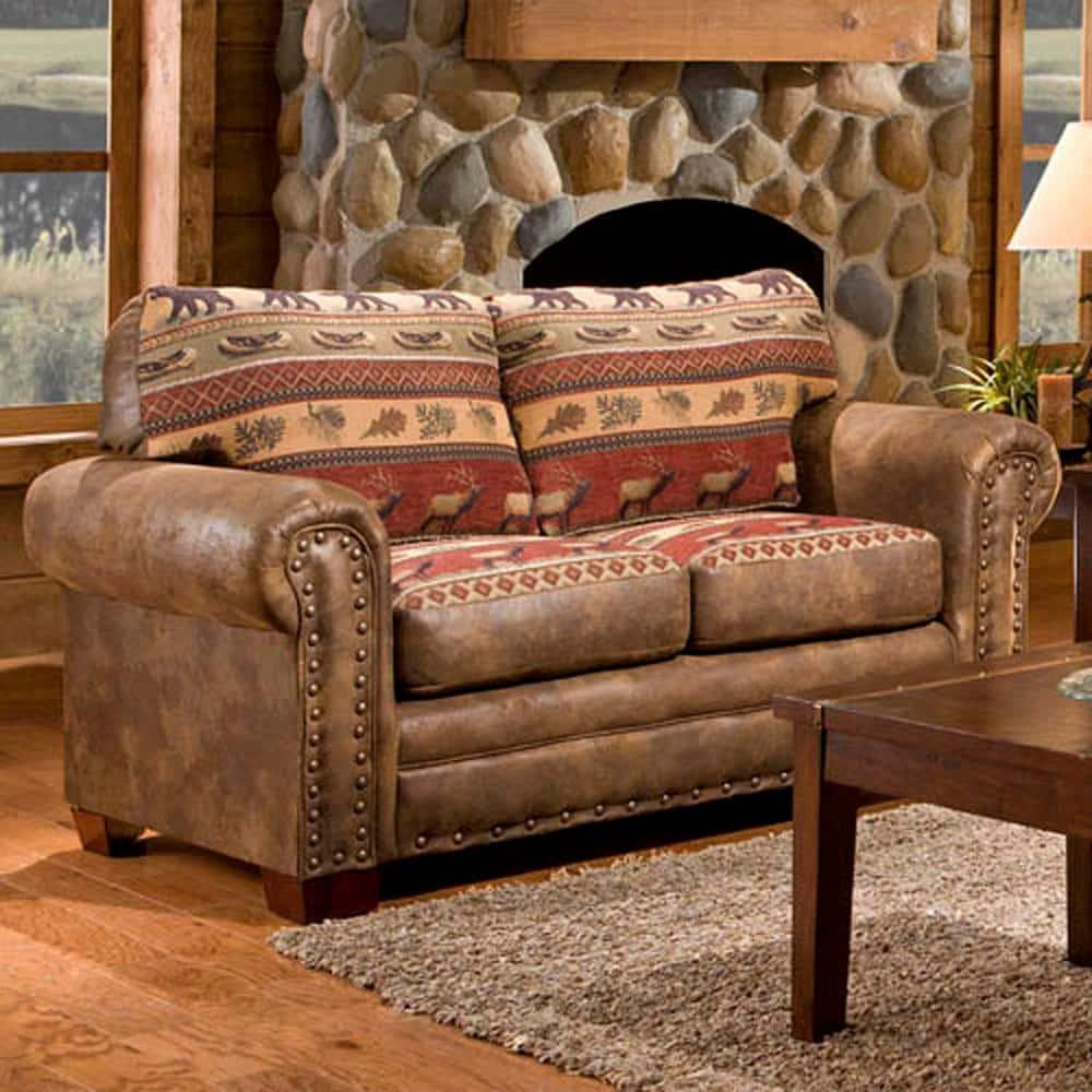 Sierra Lodge Brown Faux Leather Tufted Loveseat with Nailhead Accents