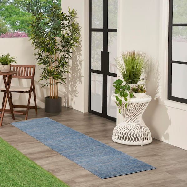 Essentials 2 ft. x 10 ft. Blue/Gray Kitchen Runner Solid Contemporary Indoor/Outdoor Patio Area Rug