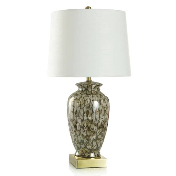 StyleCraft 31 in. Speckled Brown, Brushed Gold, Off-White Urn Task And Reading Table Lamp for Living Room with White Cotton Shade