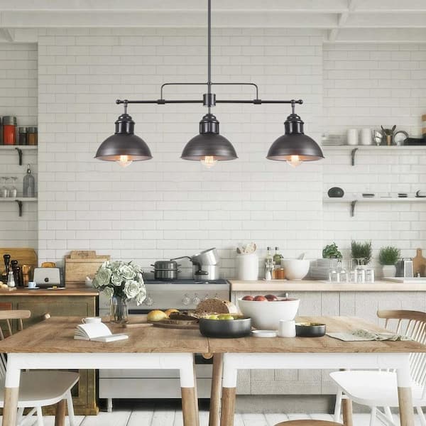 Potlid 3-Light 35.4 in. W Matte Black Chandelier Rectangular Island Hanging Light with Brushed Antique Silver Dome Shade
