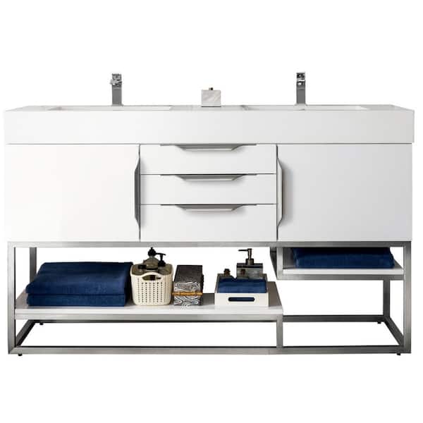 James Martin Vanities Columbia 59.0 in. W x 19.5 in. D x 36 in. H Double Bath Vanity in Glossy White with Glossy White Mineral Composite Top