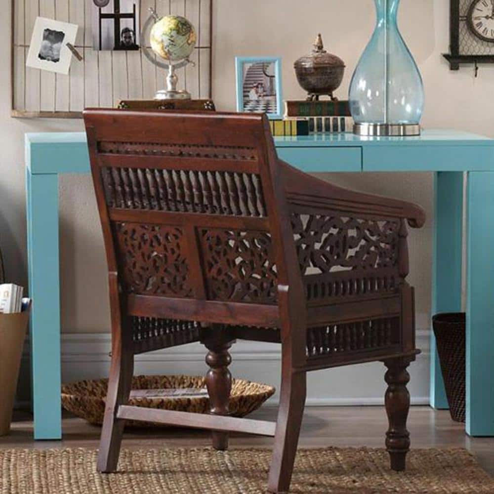 Home Decorators Collection Maharaja Walnut Brown Wood Hand-Carved Arm Chair 0105900950 - The Home Depot