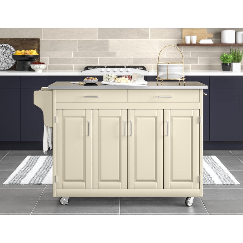 Off-White Stainless Steel Top Kitchen Cart with Storage