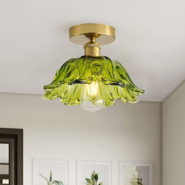 10.63 in. Vintage 1-Light Brushed Brass Flush Mount Kitchen Island Round Ceiling Lamp with Green Glass Shade