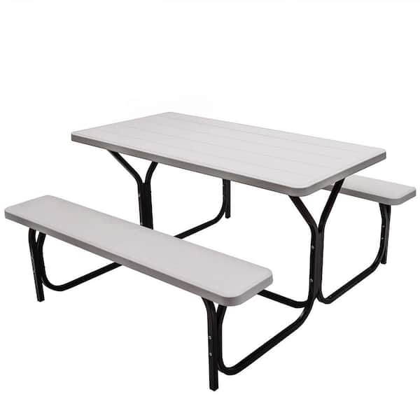 Costway White Rectangle Metal Picnic Table Bench Set