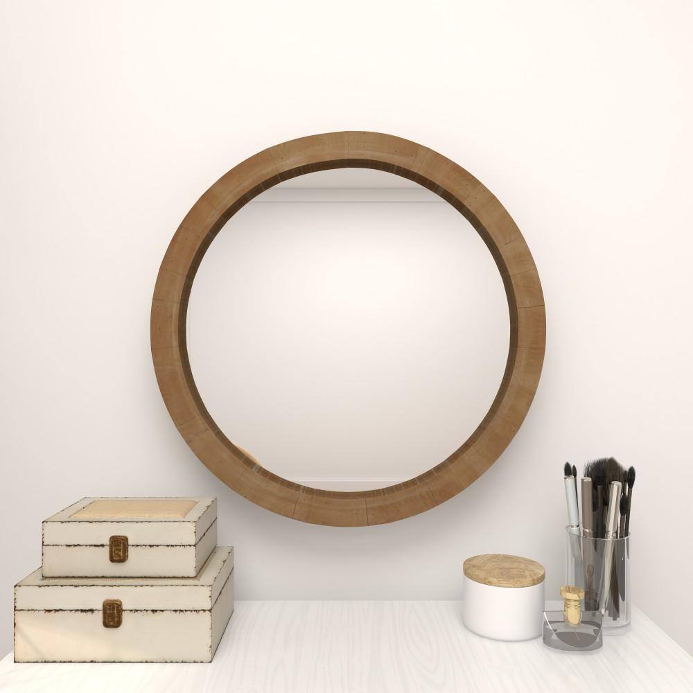 24" Round Natural Brown Wood Wall Mirror
