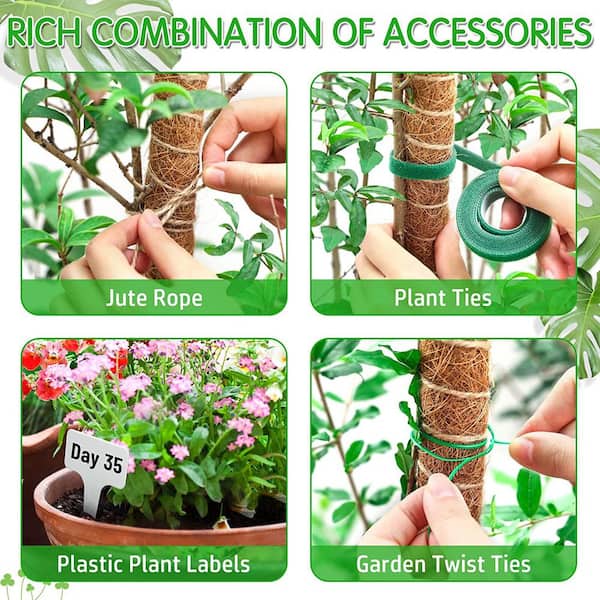 25 in. Bendable Plant Stakes Moss Pole for Plant Monstera with Twist Ties Plant Ties Labels Jute Rope (4-Pack)