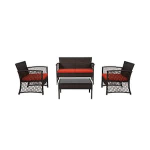 Highland Coffee 4-Piece Patio Woven Rattan Wicker Sofa Set with Orange Cushions