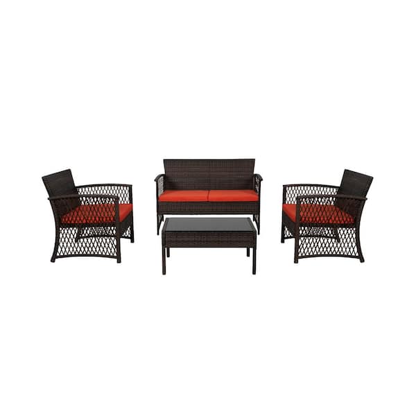WESTIN OUTDOOR Highland Coffee 4-Piece Patio Woven Rattan Wicker Sofa Set with Orange Cushions
