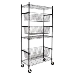 Heavy-Duty Garage Shelving Unit With Wheels, 3 Pull-Out Baskets, Black