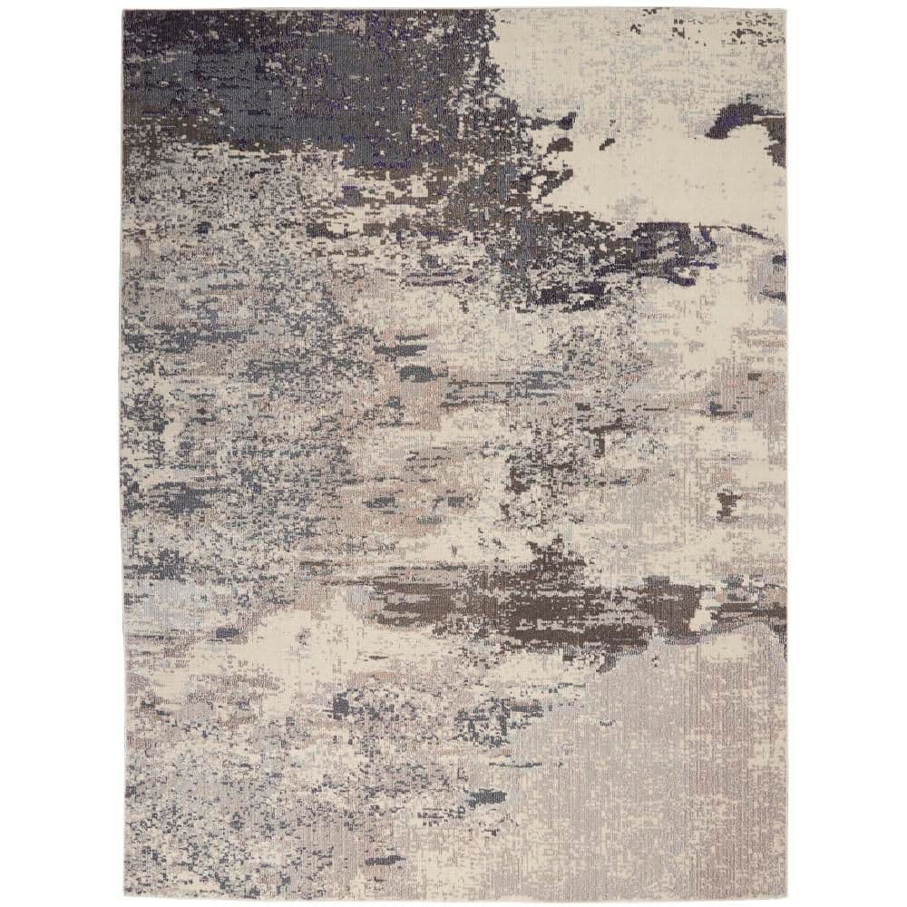 Ivory and Grey Abstract Hand-knotted Round Rug