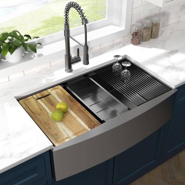 36 in. Undermount Double Bowl 18 Gauge Gunmetal Black Stainless Steel Workstation Kitchen Sink with Spring Neck Faucet