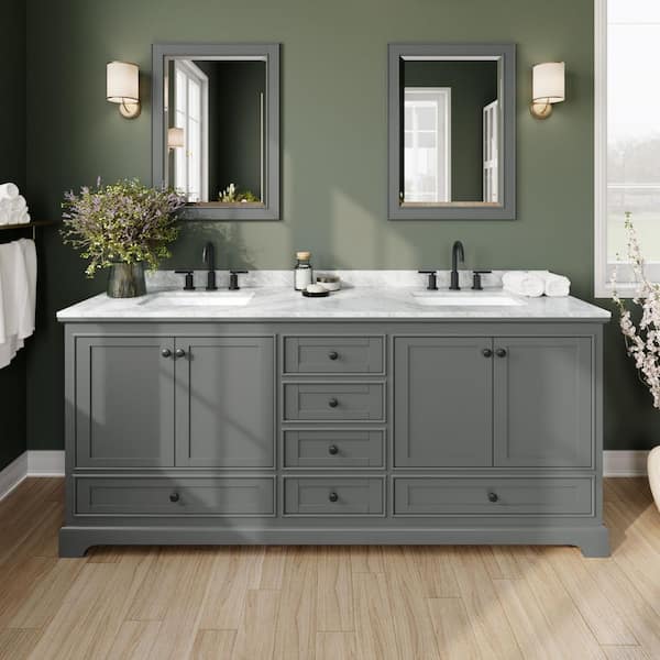 Wyndham Collection Deborah 80 in. W x 22 in. D x 35 in. H Double Bath Vanity in Dark Gray with White Carrara Marble Top and 24 in. Mirrors