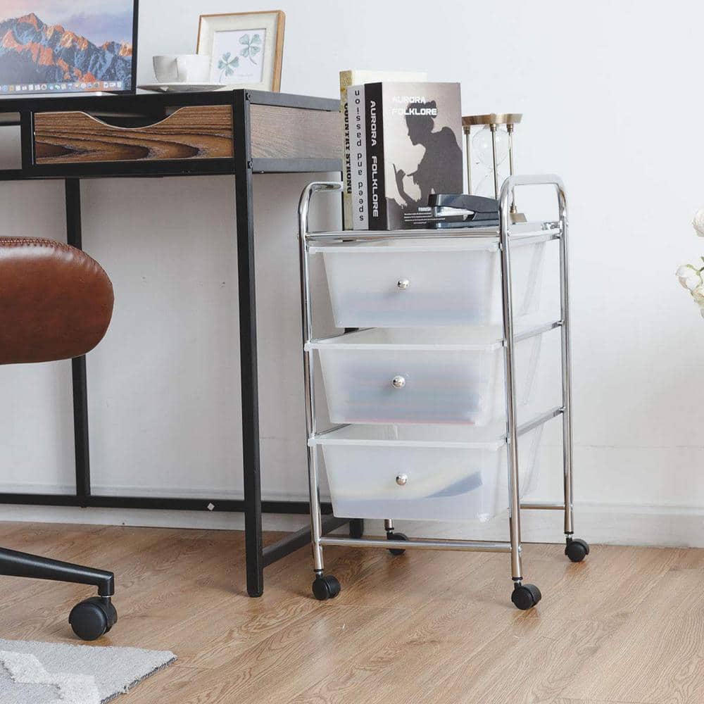 White 3-Drawer Rolling Storage Cart with Chrome Frame