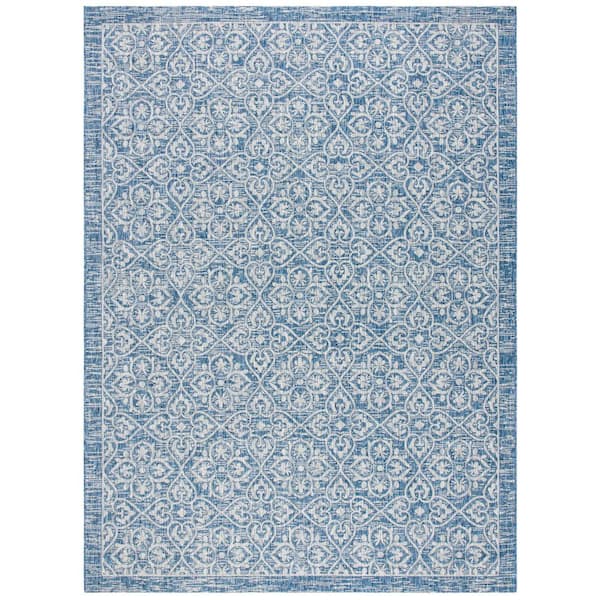 Courtyard Navy/Gray 8 ft. x 11 ft. Border Floral Indoor/Outdoor Area Rug