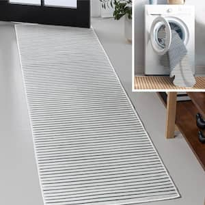 Damon Classic Coastal Pinstripe Reversible Machine Washable Navy/Cream 2 ft. x 8 ft. Indoor/Outdoor Runner Rug