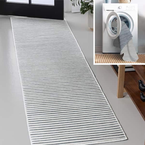 Damon Classic Coastal Pinstripe Reversible Machine Washable Navy/Cream 2 ft. x 8 ft. Indoor/Outdoor Runner Rug
