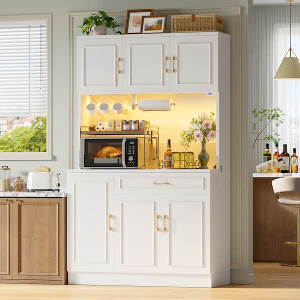 Farmhouse White Manufactured Wood Buffet w/ Adjustable Shelves, Built-in Lighting and Power Outlet,71 in. Pantry Cabinet