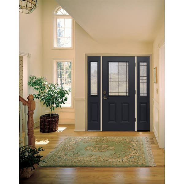 60 in. x 80 in. Left-Hand 1/2 Lite Dilworth Decorative Glass Black Fiberglass Prehung Front Door w/Sidelites
