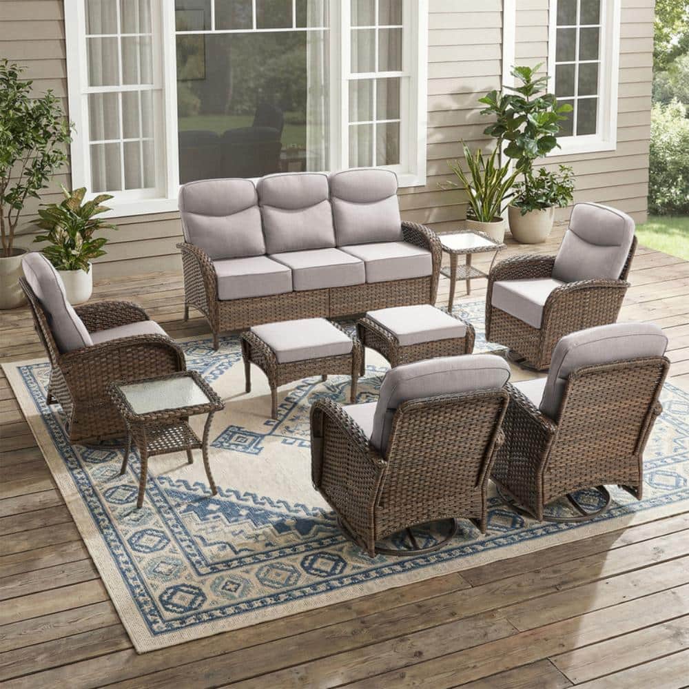 Rivieral Brown 9-Piece Wicker Patio Conversation Set with 6-Inch Beige Cushions, Swivel Glider Chairs & Ottomans price history on PriceWatchPro