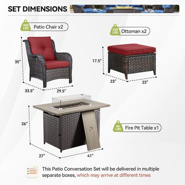5-Piece Brown Wicker Fire Pit Conversation Set with Olefin Red Cushions and Curved Arm Lounge Chairs and Ottoman