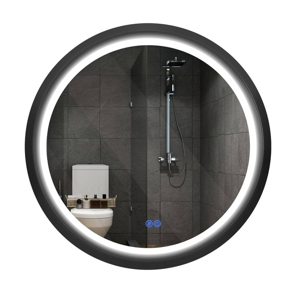 Fab Glass and Mirror 32 in. x 32 in. Modern Round Black Framed Decorative LED Mirror Wall Mounted Anti-Fog and Dimmer Touch Sensor