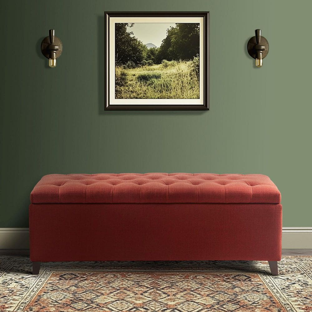 Elegant Rust Red Tufted Polyester Storage Bench with Ample Space