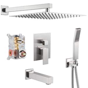 Rainfall 1-Spray Square 12 in. Tub and Shower Faucet with Hand Shower in Brushed Nickel (Valve Included)