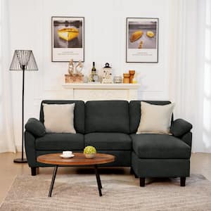 79.5 in. W Pillow Top Arm Fabric L Shaped Sectional Sofa 3 Seats in Black with Side Storage Pockets