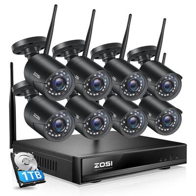 8-Channel 1080p 1TB Hard Drive NVR Security Camera System with 8 Wireless Bullet Cameras, 80ft Night Vision - Black