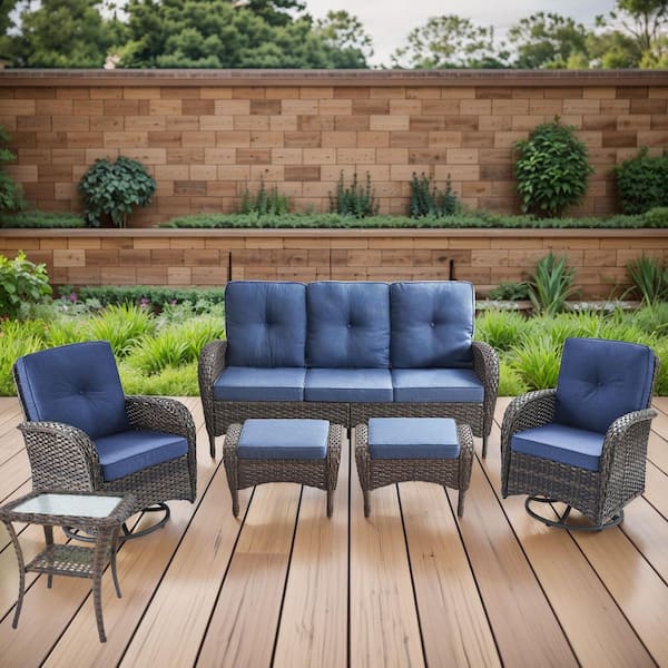 moosprr Flatarmrest 6-Piece Brown Wicker Patio Conversation Set with Olefin Blue Cushion/Sofa/Patio Swivel Glider Chairs
