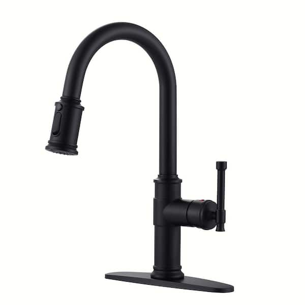 Matte Black Single Handle Pull-Down Sprayer Kitchen Faucet with 3-Mode Sprayer and Deckplate in Stainless Steel