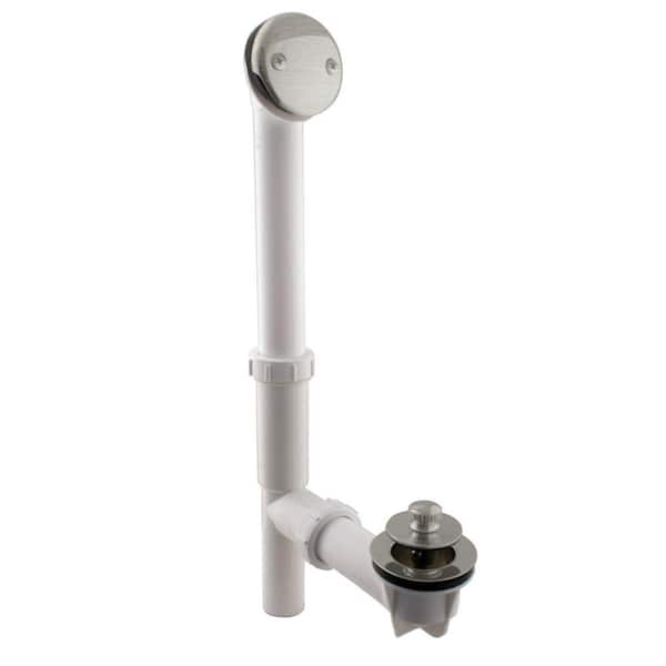 Westbrass 14" White Tubular Bath Waste & Overflow Assembly with Twist & Close Drain Plug and 2-Hole Faceplate, Satin Nickel