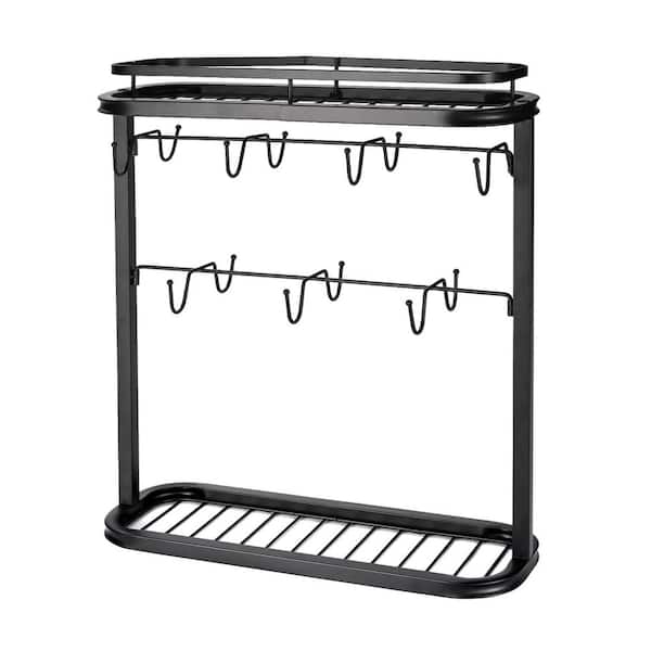 14-Hook Black Coffee Mug Tree Double Tier Countertop Organizer with Storage Shelves for Mugs and Accessories