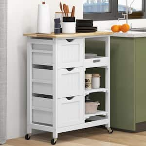 Compact Rolling White Wood Top 26.5 in. Kitchen Island Cart with Drawers and Open Shelves