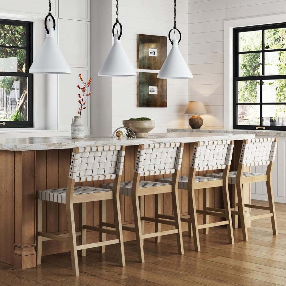 Set of 4 White Woven Faux Leather Bar Stools with Solid Wood Legs