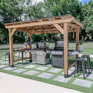 Saxony 12 ft. x 6 ft. XL All Cedar Wood Grill Gazebo w/ Hard Top Steel Roof and Powder Coated Steel Countertops Electric