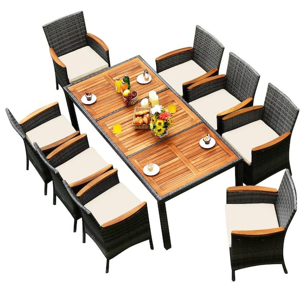 9-Piece Wicker Outdoor Dining Set with Acacia Wood Top Table and Beige Cushion