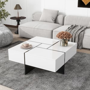 31.5 in. White Square Particle Board Top Coffee Table with 4 Hidden Storage Compartments and Extendable Sliding Tabletop