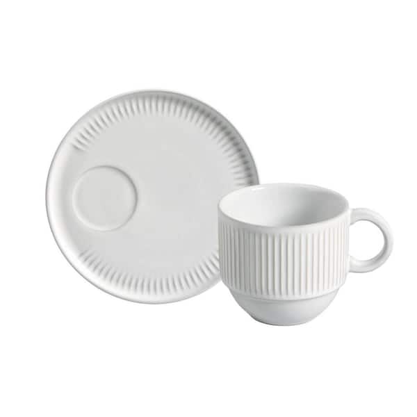 PORTO BRASIL 4.06 oz. New White Stoneware Linhas Stackable Coffee Cup with Saucer (Set of 6)