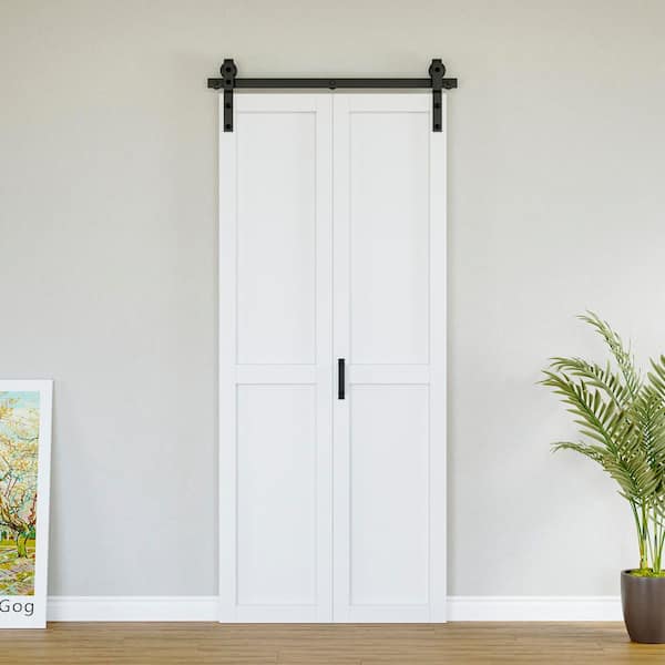 ARK DESIGN 36 in. x 84 in. Solid Core White Primed MDF Wood Paneled H Design Bi-Fold Door Style Barn Door with Hardware