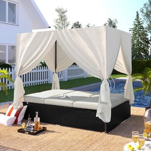 Patio 2-Piece Wicker Outdoor Day Bed Set with Beige Cushions