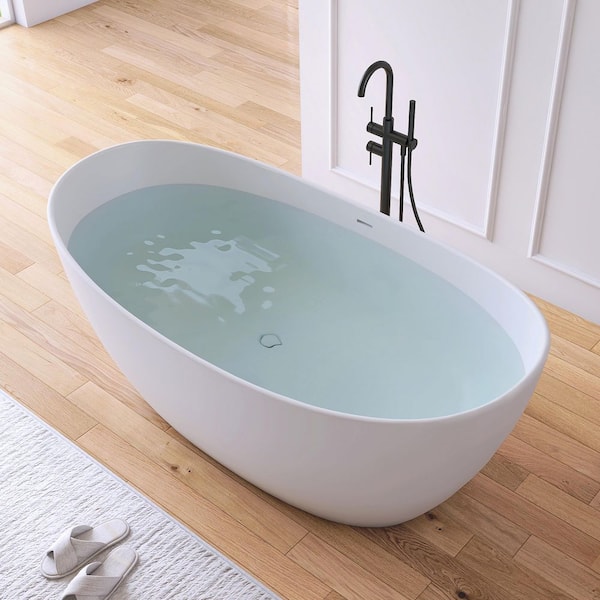 Cyrena 65 in. x 33.5 in. Stone Resin Solid Surface Flatbottom Freestanding Soaking Bathtub in White