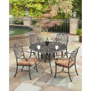 Capri Charcoal Gray 5-Piece Cast Aluminum 48 in. Round Outdoor Dining Set with Burnt Sierra Orange Cushions