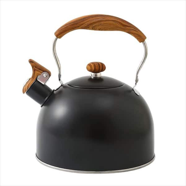 10-Cup Stainless Steel Tea Kettle with Wood Pattern Folding Handle, 2.5 qt. Whistling Tea Kettle for Stove Top, Black