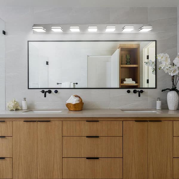 55 in. W 7 Light LED Vanity Light Chrome Wall Sconce Dimmable Lighting Fixture for Bathroom Mirror