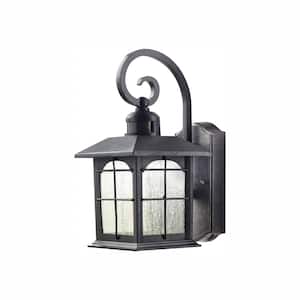 Brimfield 14.2 in. Aged Iron LED Outdoor Wall Lantern with Clear Seedy Glass Shade and 220  Motion Sensing
