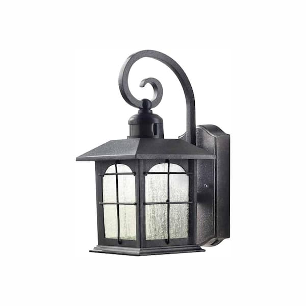 Home Decorators Collection Brimfield 14.2 in. Aged Iron LED Outdoor Wall Lantern with Clear Seedy Glass Shade and 220 Motion Sensing