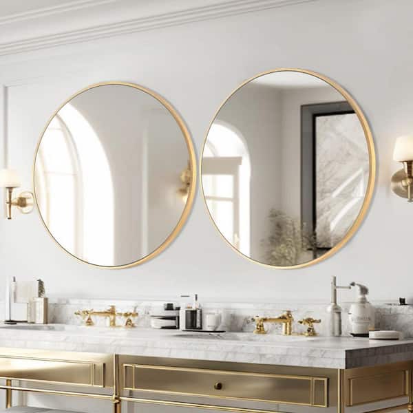 36 in. W x 36 in. H Gold Vanity Round Wall Mirror Aluminium Alloy Frame Bathroom Mirror (2-Pieces)