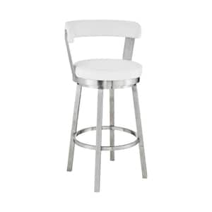 26 in. White and Silver Low Back Metal Frame Counter Barstool with Faux Leather Seat